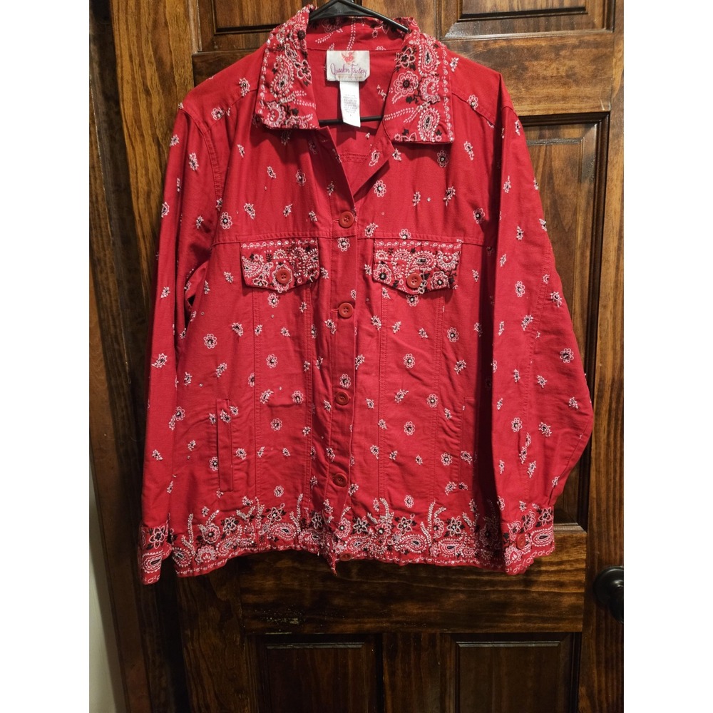 Quacker Factory Western Button Up Paisley Beaded Shirt Red Large
